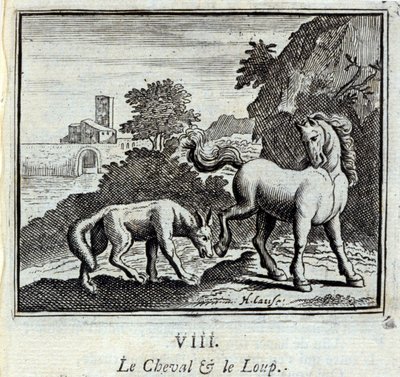 Hevonen ja susi. Jean de La Fontainen (1621-95) tarinoita. Kuvitus: François Chauveau (1613-1676). Painos vuodelta 1728. tekijältä Francois Chauveau
