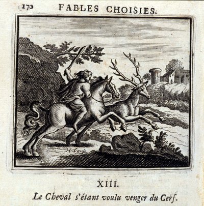 Hevonen halusi kostaa Hirven puolesta. Jean de La Fontainen (1621-95) sadut. Kuvitus: Francois Chauveau (1613-1676). Painos vuodelta 1728. tekijältä Francois Chauveau