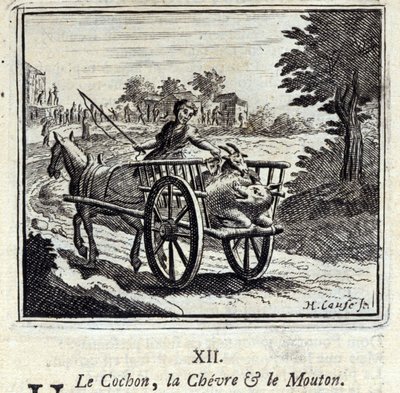 Jean de La Fontainen (1621-95) The Pig the Goat and the Mut. Kuvitus: Francois Chauveau (1613-1676). Painos vuodelta 1728. tekijältä Francois Chauveau