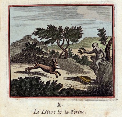Jänis ja kilpikonna - Jean de La Fontainen (1621-1695) tarut - Francois Chauveaun (1613-1676) kuvitus - Vuoden 1728 painos tekijältä Francois Chauveau
