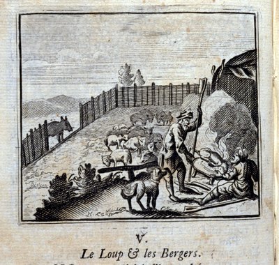 Susi ja paimenet. Jean de La Fontainen (1621-95) tarut. Kuvitus: François Chauveau (1613-1676). Painos vuodelta 1728. tekijältä Francois Chauveau