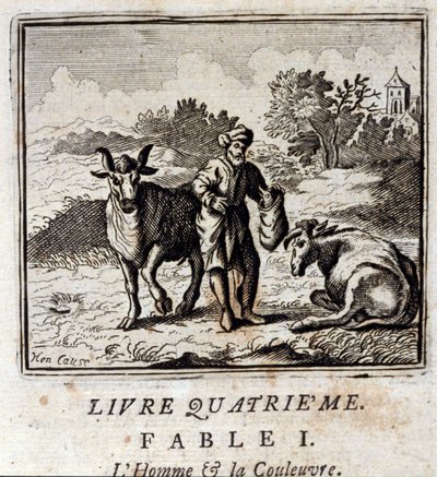 Mies ja käärme. Jean de La Fontainen (1621-95) sadut. Kuvitus: Francois Chauveau (1613-1676). Painos vuodelta 1728. tekijältä Francois Chauveau