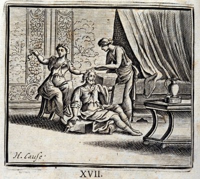 Kahden ikäinen mies ja hänen kaksi rakastajattartaan. Jean de La Fontainen (1621-95) sadut. Kuvitus: Francois Chauveau (1613-1676). Painos vuodelta 1728. tekijältä Francois Chauveau