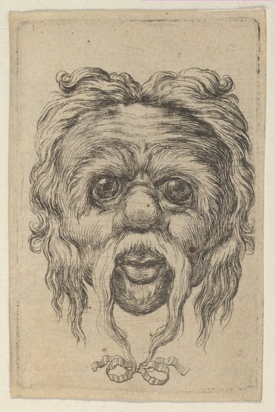 Naamio, jossa pitkät viikset, jotka on sidottu nauhalla leuan alla, valmistajalta Divers Masques, n. 1635-45. tekijältä Francois Chauveau