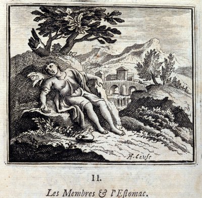 Jäsenet ja vatsa. Jean de La Fontainen (1621-95) sadut. Kuvitus: François Chauveau (1613-1676). Painos vuodelta 1728. tekijältä Francois Chauveau