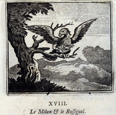 Milano ja satakieli. Jean de La Fontainen (1621-95) sadut. Kuvitus: Francois Chauveau (1613-1676). Painos vuodelta 1728. tekijältä Francois Chauveau