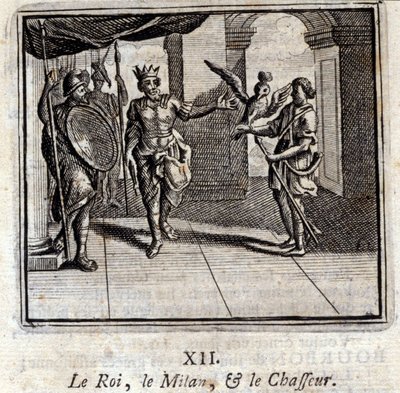 Milan kuningas ja metsästäjä. Jean de La Fontainen (1621-95) sadut. Kuvitus: François Chauveau (1613-1676). Painos vuodelta 1728. tekijältä Francois Chauveau