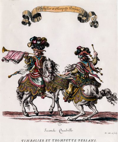 Persialainen timbaleri ja trumpetti kuningas Ludvig XIV:n (1639-1715) karusellin aikana. Kaiverrus Francois Chauveau (1613-1676) noin 1662 Yksityinen kokoelma tekijältä Francois Chauveau
