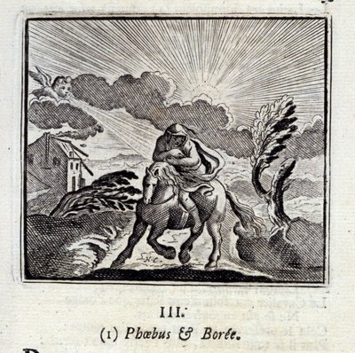 Phebus ja Boree. Jean de La Fontainen (1621-95) sadut. Kuvitus: Francois Chauveau (1613-1676). Painos vuodelta 1728. tekijältä Francois Chauveau