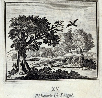 Philomele ja Progne. Jean de La Fontainen (1621-95) sadut. Kuvitus: François Chauveau (1613-1676). Painos vuodelta 1728. tekijältä Francois Chauveau