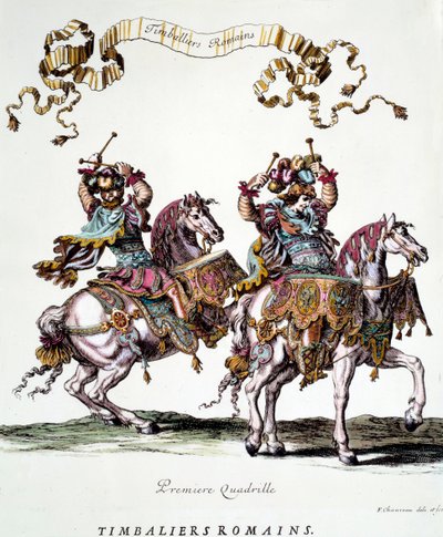 Roomalaiset sämpylät kuningas Ludvig XIV:n (1638-1715) vuonna 1662 antaman karusellin aikana. Kaiverrus Francois Chauveau (1613-1676) 1600-luvun yksityinen kokoelma tekijältä Francois Chauveau