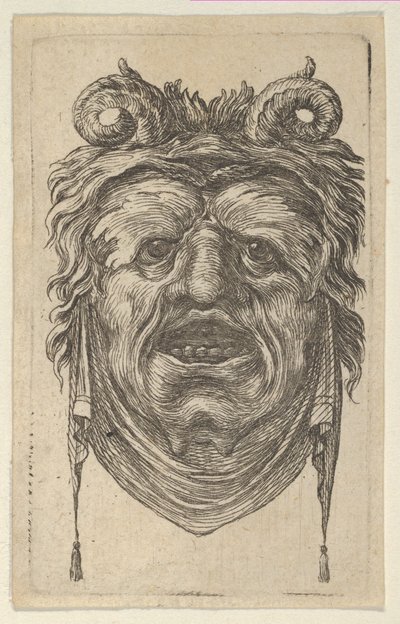 Satyr-naamio käpristyneillä sarvilla, lehtikulmilla ja leuan alla roikkuvalla kankaalla, n. 1635-45. tekijältä Francois Chauveau
