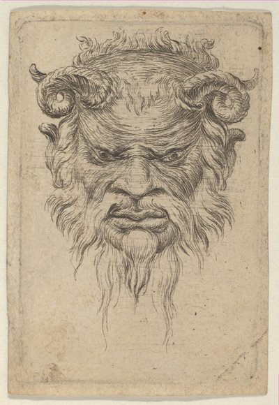 Satyr-naamio kiertetyillä sarvilla katsomassa alas, valmistajalta Divers Masques, n. 1635-45. tekijältä Francois Chauveau