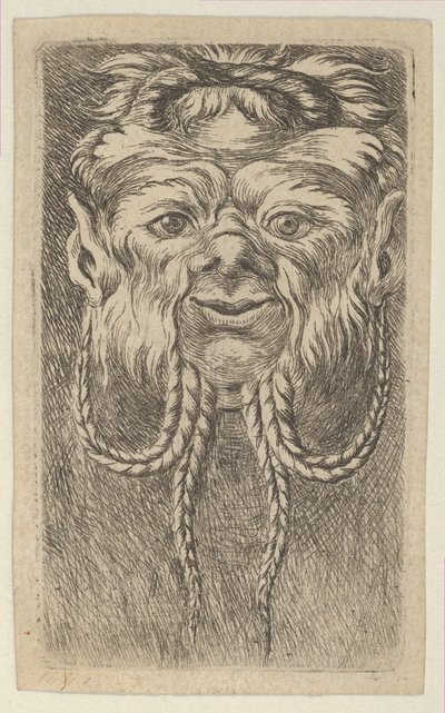 Satyr Mask, jossa päällekkäiset sarvet ja neljä punottu partanauhaa, Divers Ma..., ca. 1635-45. tekijältä Francois Chauveau