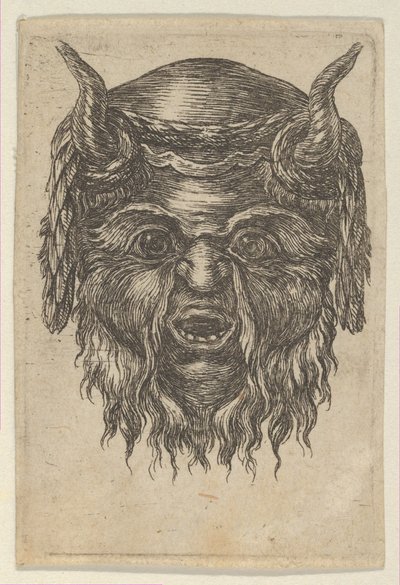Satyr Mask, jonka sarvien päälle on levitetty laakeriseppele, Divers Masquesilta, n. 1635-45. tekijältä Francois Chauveau