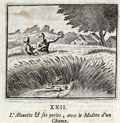 Alouette ja hänen lapsensa alan mestarin kanssa. Jean de La Fontainen (1621-95) sadut. Kuvitus: François Chauveau (1613-1676). Painos vuodelta 1728. tekijältä Francois Chauveau