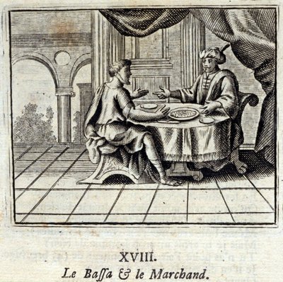 Bassa ja kauppias. Jean de La Fontainen (1621-95) sadut. Kuvitus: François Chauveau (1613-1676). Painos vuodelta 1728. tekijältä Francois Chauveau