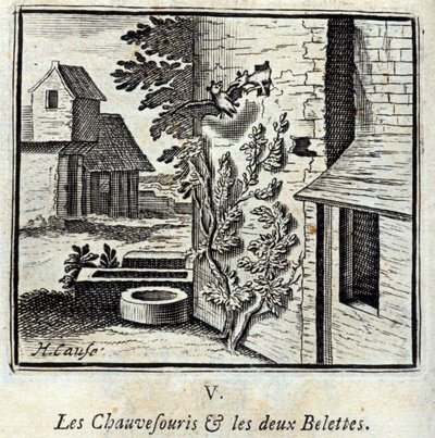 Lepakko ja kaksi lumikkoa. Jean de La Fontainen (1621-95) sadut. Kuvitus: François Chauveau (1613-1676). Painos vuodelta 1728. tekijältä Francois Chauveau