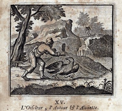 Lintulintu ympärillä ja Alouette. Jean de La Fontainen (1621-95) sadut. Kuvitus: François Chauveau (1613-1676). Painos vuodelta 1728. tekijältä Francois Chauveau