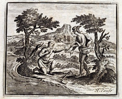 Bucheron ja Mercury. Jean de La Fontainen (1621-95) sadut. Kuvitus: Francois Chauveau (1613-1676). Painos vuodelta 1728. tekijältä Francois Chauveau