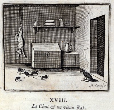 Kissa ja vanha rotta. Jean de La Fontainen (1621-95) sadut. Kuvitus: Francois Chauveau (1613-1676). Painos vuodelta 1728. tekijältä Francois Chauveau