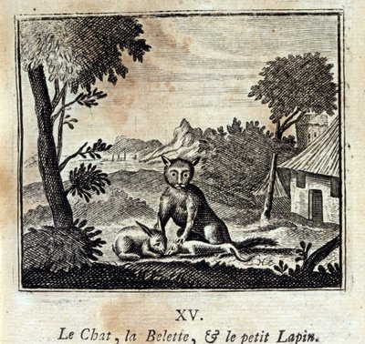Kissa, lumikko ja pieni kani. Jean de La Fontainen (1621-95) sadut. Kuvitus: François Chauveau (1613-1676). Painos vuodelta 1728. tekijältä Francois Chauveau