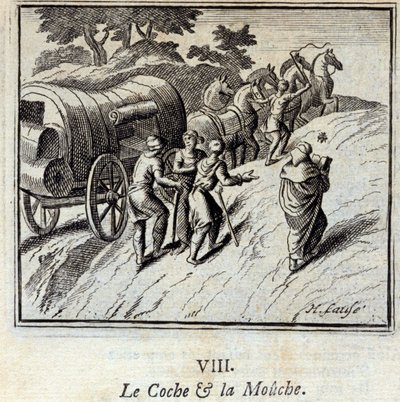 Coche ja Fly. Jean de La Fontainen (1621-95) sadut. Kuvitus: Francois Chauveau (1613-1676). Painos vuodelta 1728. tekijältä Francois Chauveau