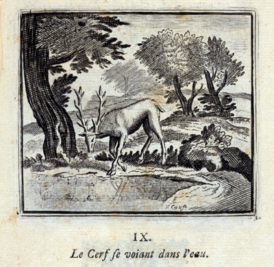 Hirvi näkee itsensä vedessä. Jean de La Fontainen (1621-95) sadut. Kuvitus: François Chauveau (1613-1676). Painos vuodelta 1728. tekijältä Francois Chauveau