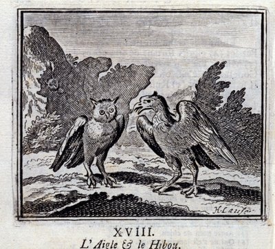 Kotka ja pöllö. Jean de La Fontainen (1621-95) sadut. Kuvitus: François Chauveau (1613-1676). Painos vuodelta 1728. tekijältä Francois Chauveau