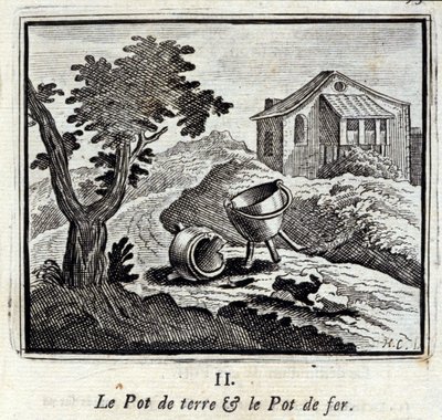 Maan ruukku ja rautaruukku. Jean de La Fontainen (1621-95) sadut. Kuvitus: François Chauveau (1613-1676). Painos vuodelta 1728. tekijältä Francois Chauveau
