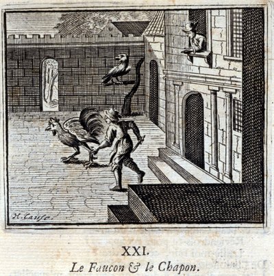 Falcon ja Capon. Jean de La Fontainen (1621-95) sadut. Kuvitus: François Chauveau (1613-1676). Painos vuodelta 1728. tekijältä Francois Chauveau