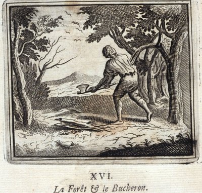 Metsä ja metsuri. Jean de La Fontainen (1621-95) sadut. Kuvitus: François Chauveau (1613-1676). Painos vuodelta 1728. tekijältä Francois Chauveau