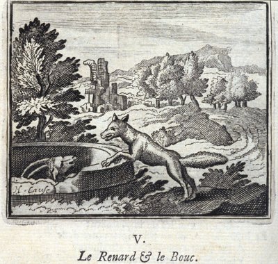 Jean de La Fontainen (1621-95) The Fox and the Bouc.Fables. Kuvitus: François Chauveau (1613-1676). Painos vuodelta 1728. tekijältä Francois Chauveau
