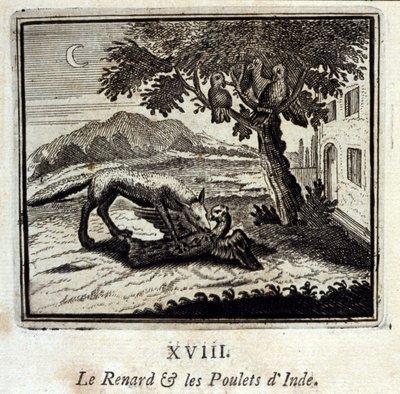 Kettu ja Intian kanat. Jean de La Fontainen (1621-95) sadut. Kuvitus: François Chauveau (1613-1676). Painos vuodelta 1728. tekijältä Francois Chauveau