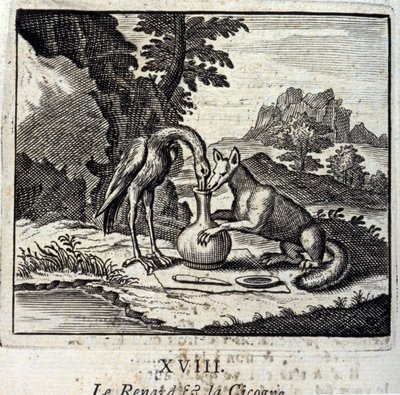 Kettu ja haikara. Jean de La Fontainen (1621-95) tarinoita. Kuvitus: Francois Chauveau (1613-1676). Painos vuodelta 1728. tekijältä Francois Chauveau