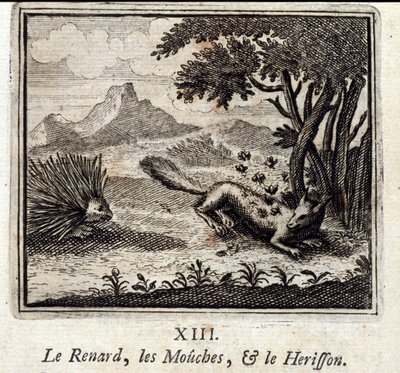 Kettu, kärpäset ja Herisson. Jean de La Fontainen (1621-95) sadut. Kuvitus: François Chauveau (1613-1676). Painos vuodelta 1728. tekijältä Francois Chauveau