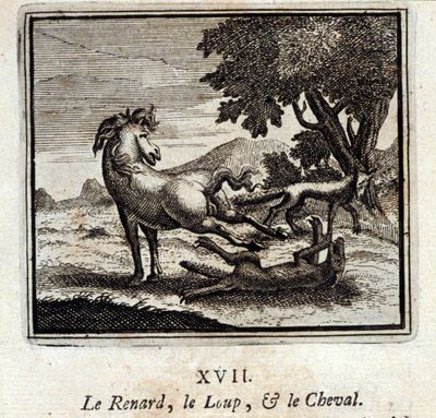 Kettu, susi ja hevonen. Jean de La Fontainen (1621-95) sadut. Kuvitus: François Chauveau (1613-1676). Painos vuodelta 1728. tekijältä Francois Chauveau
