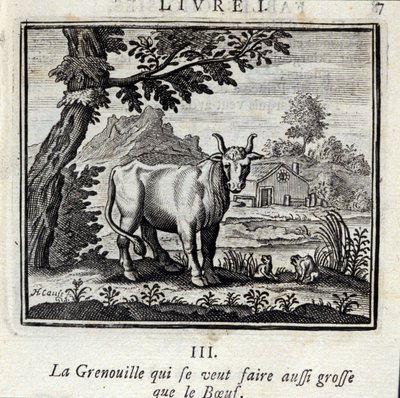 Sammakko, joka haluaa kasvaa yhtä suureksi kuin naudanliha. Jean de La Fontainen (1621-95) sadut. Kuvitus: François Chauveau (1613-1676). Painos vuodelta 1728. tekijältä Francois Chauveau