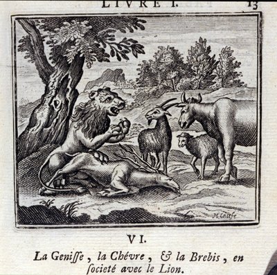 Genisse, Gove ja Lammas seurassa Leijonan kanssa. Jean de La Fontainen (1621-95) satuja. Kuvitus: François Chauveau (1613-1676). Painos vuodelta 1728. tekijältä Francois Chauveau