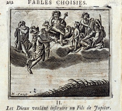 Jumalat haluavat opettaa Jupiterin pojan. Jean de La Fontainen (1621-95) sadut. Kuvitus: François Chauveau (1613-1676). Painos vuodelta 1728. tekijältä Francois Chauveau