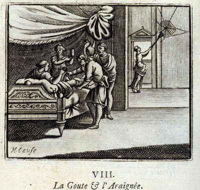 Kihti ja hämähäkki. Jean de La Fontainen (1621-95) sadut. Kuvitus: Francois Chauveau (1613-1676). Painos vuodelta 1728. tekijältä Francois Chauveau