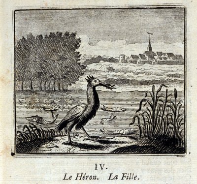 Heron. Jean de La Fontainen (1621-95) sadut. Kuvitus: François Chauveau (1613-1676). Painos vuodelta 1728. tekijältä Francois Chauveau