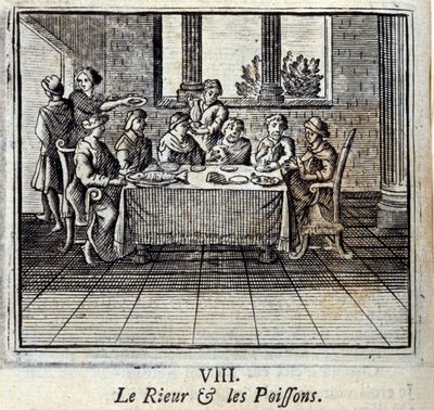 Nauru ja kalat. Jean de La Fontainen (1621-95) sadut. Kuvitus: François Chauveau (1613-1676). Painos vuodelta 1728. tekijältä Francois Chauveau