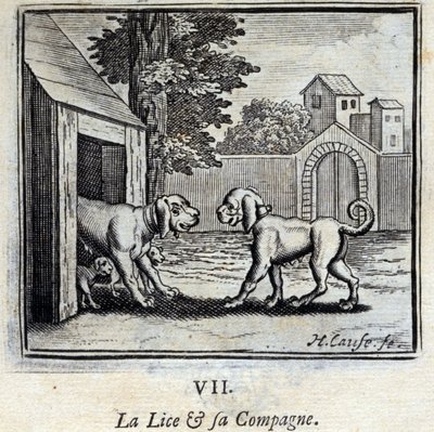 Täi ja hänen seuralaisensa. Jean de La Fontainen (1621-95) sadut. Kuvitus: Francois Chauveau (1613-1676). Painos vuodelta 1728. tekijältä Francois Chauveau