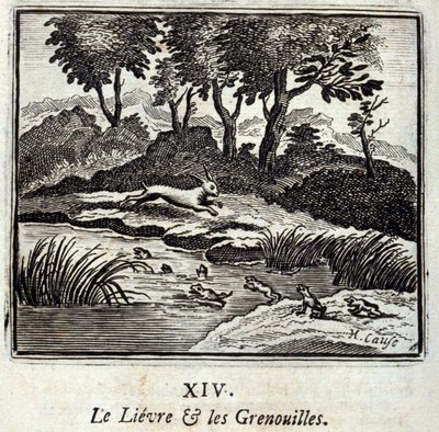 Lievre ja sammakot. Jean de La Fontainen (1621-95) sadut. Kuvitus: François Chauveau (1613-1676). Painos vuodelta 1728. tekijältä Francois Chauveau