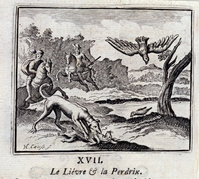 Lievre ja Pardrix.Jean de La Fontainen (1621-95) sadut. Kuvitus: François Chauveau (1613-1676). Painos vuodelta 1728. tekijältä Francois Chauveau