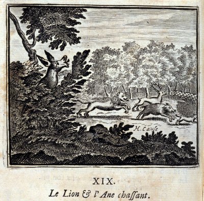 Leijonan ja aasin metsästys. Jean de La Fontainen (1621-95) sadut. Kuvitus: François Chauveau (1613-1676). Painos vuodelta 1728. tekijältä Francois Chauveau