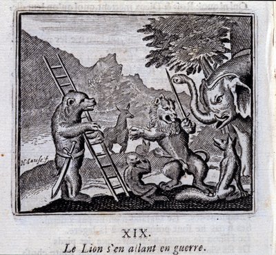 Leijona menee sotaan. Jean de La Fontainen (1621-95) sadut. Kuvitus: Francois Chauveau (1613-1676). Painos vuodelta 1728. tekijältä Francois Chauveau