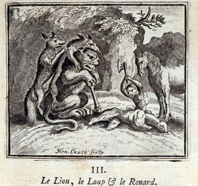 Leijona, susi ja kettu. Jean de La Fontainen (1621-95) sadut. Kuvitus: François Chauveau (1613-1676). Painos vuodelta 1728. tekijältä Francois Chauveau