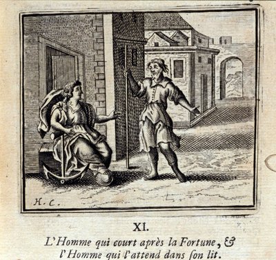 Mies, joka juoksee Fortunan perässä, ja mies, joka odottaa häntä sängyssä. Jean de La Fontainen (1621-95) sadut. Kuvitus: François Chauveau (1613-1676). Painos vuodelta 1728. tekijältä Francois Chauveau